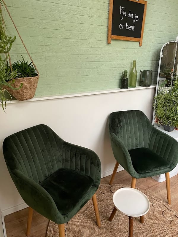 De praktijkruimte in Breda met twee fauteuils en planten