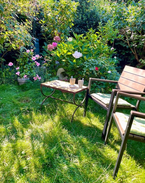 Twee stoelen en een tafeltje in een zonnige tuin